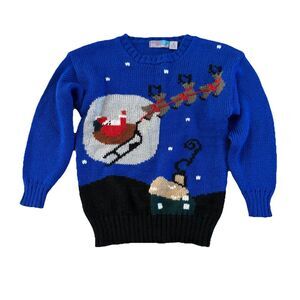 Pinwheels Womens Vintage Holiday Sweater Crew Neck Size Medium Blue Santa Vtg